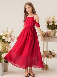 Robe longue élégante et minimale pour jeune femme avec épaules dénudées, manches à volants, taille haute, en chiffon unicolore. Robe de demoiselle d'honneur pour mariage et soirée pour filles - Rouge - Voir 7