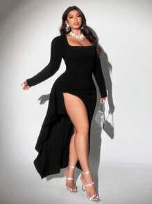 Viva Relle Valentine Plus Size Solid Color Long Sleeve Split Hem Casual Dress Fall Cloth For Women - Black - View 1