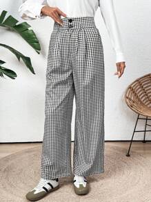 SHEIN Clasi Calça estilo Boho Xadrez Preto e Branco, Para Festival de Música e Country, Feminina - Preto - Visão 3