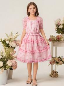 SHEIN 2 件套女童方领短袖印花上衣 + 束腰花卉图案印花裙套装 - 粉色 - 查看 5