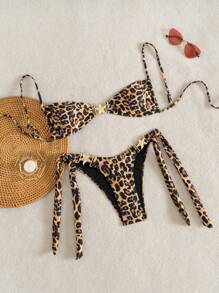 SHEIN Swim Women's Standard Size Leopard Print Golden Decorated Beach Holiday 2Pcs Bikini Set, For Summer Vacation - Multicolor - View 3