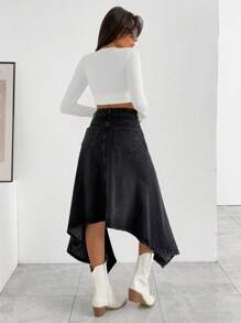EURMUSE WOMEN Y2K DENIM SKIRT ASYMMETRICAL SLASH DETAIL - Grey - View 2