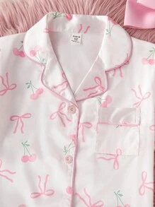 2pcs/Set Tween Girls Cherry & Bow Print Lapel Collar Top With Shorts, Leisure Comfortable Pajamas,Summer,Travel