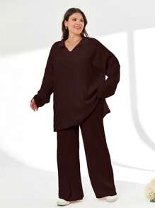 RueChic 2pcs/Set Solid Color Turn-Down Collar Sweater And Long Pants Outfit - Brown - View 3