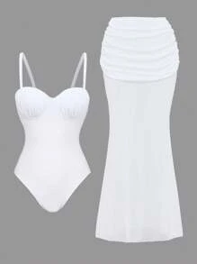 SHEIN Swim 2pcs Solid Color Padded Halter Backless One Piece Swimsuit And Ruched Cover Up Beach Spaghetti Strap Skirt, Premium Festival Boho Set - White - View 1