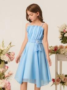 Tween Girls Rochie de lungime mijlocie, elegantă în straturi, albastru deschis, cu bretele spaghete, potrivită pentru Ziua Îndrăgostiților, bal, petrecere, aniversare, performanță și alte ocazii