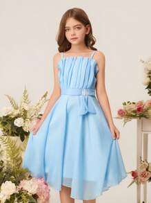 Tween Girls Rochie de lungime mijlocie, elegantă în straturi, albastru deschis, cu bretele spaghete, potrivită pentru Ziua Îndrăgostiților, bal, petrecere, aniversare, performanță și alte ocazii