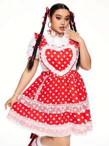 ROMWE Kawaii Sukienka typu babydoll w stylu wiejskim w dużych rozmiarach z nadrukiem w kropki i serca