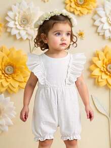 SHEIN Baby Girls' Solid Color Round Neck Floral Ruffle Trim Romper. Made With High-Quality Fabric, Delicate Embroidered Flower Pattern, Paired With Ruffle Trim Design To Showcase Baby's Sweet Charm. - White - View 1