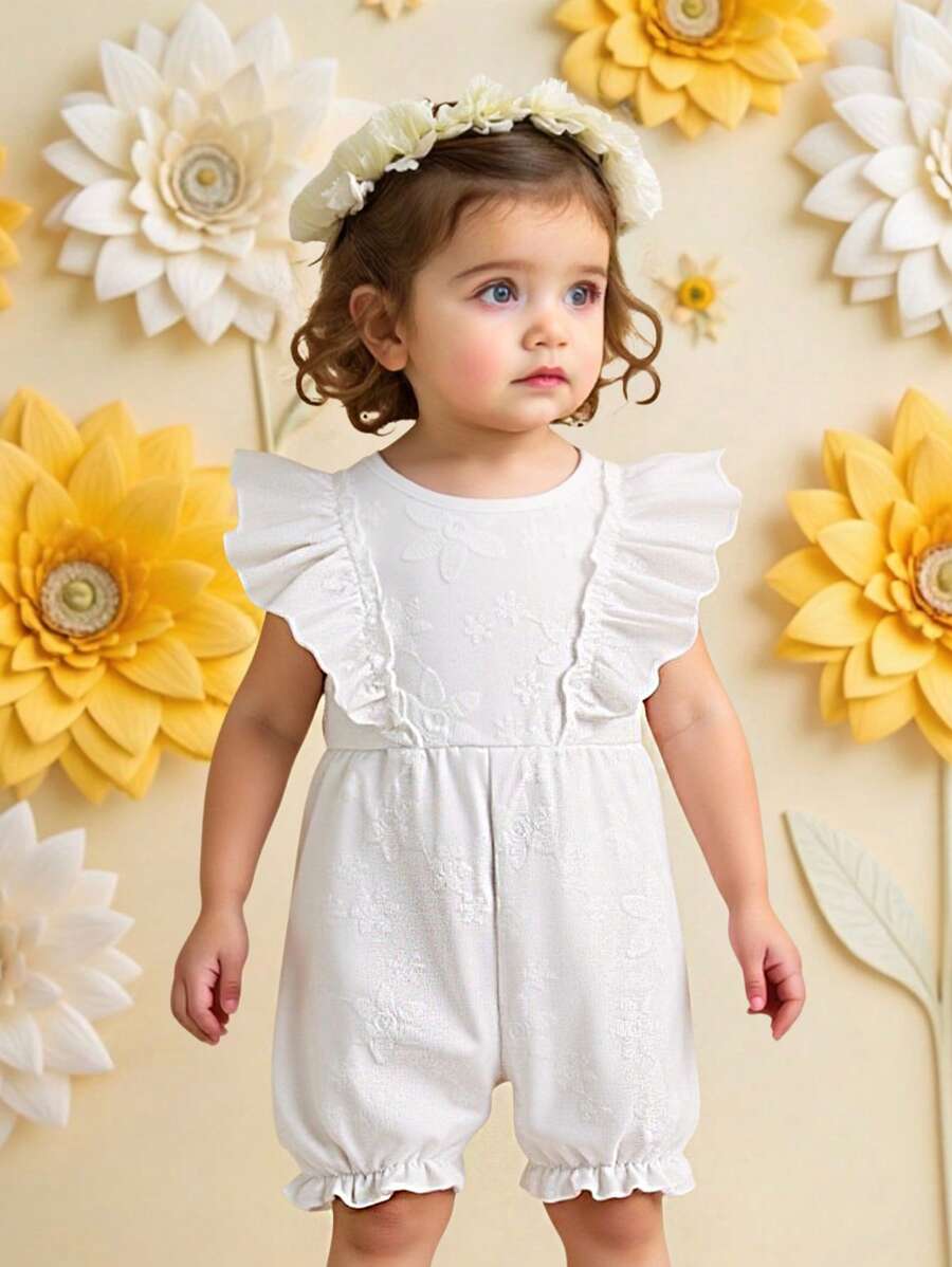 SHEIN Baby Girls' Solid Color Round Neck Floral Ruffle Trim Romper. Made With High-Quality Fabric, Delicate Embroidered Flower Pattern, Paired With Ruffle Trim Design To Showcase Baby's Sweet Charm. - White - View 1