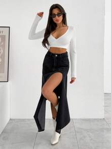 EURMUSE WOMEN Y2K DENIM SKIRT ASYMMETRICAL SLASH DETAIL - Grey - View 3