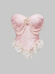 ROMWE Kawaii Vintage Victorian Style Palace Heavy Lace Satin Pearl Brooch Decor Plus Size Women Blouse, Pink