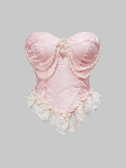 ROMWE Kawaii Blusa de mujer de talla grande con decoración de broche de perlas de satén con encaje estilo victoriano vintage, color rosa, para el Día de San Valentín