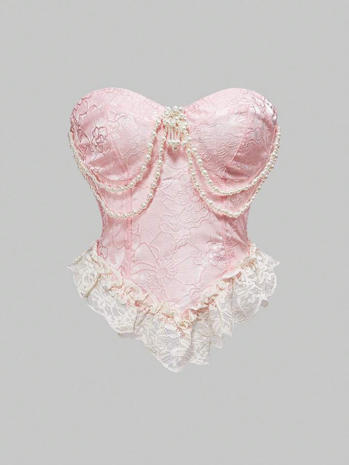 Our Kawaii Vintage Victorian Style Palace Heavy Lace Satin Pearl Brooch Decor Plus Size Women Blouse, Pink is such a vibe - ROMWE