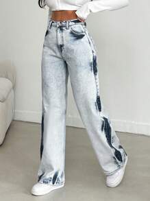 EURMUSE Fashionable Bleached & Tie-Dye Straight-Leg Jeans