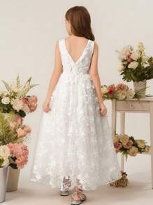 少女优雅奢华可爱圆领白色情人节雪纺覆盖无袖派对礼服适合庆典、婚礼、派对、活动等场合 - 白色 - 查看 2