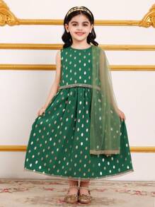 SHEIN 2 件套简约黑色斋月派对套装，适合年轻女士，带金箔印花 - 綠色 - 查看 8