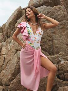 SHEIN Swim 2Pcs/Set Floral Print Ruffled V-Neck Backless Swimsuit And Netted Knotted Head Scarf Maxi Skirt Set, Springbreak Festival Boho Style For Summer Beach Vacation - Multicolor - View 6
