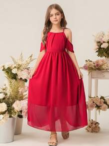 Robe longue élégante et minimale pour jeune femme avec épaules dénudées, manches à volants, taille haute, en chiffon unicolore. Robe de demoiselle d'honneur pour mariage et soirée pour filles - Rouge - Voir 8