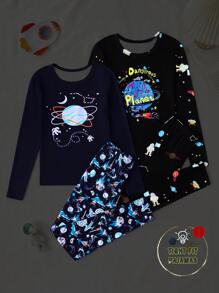 4 件套男童宇航员印花紧身睡衣套装 - 长袖上衣和裤子，休闲与时尚 - 彩色 - 查看 3