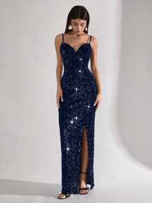 SHEIN Tall Women's Deep Split Thigh Sequin Tube Long Bodycon Dress - Blue - View 1