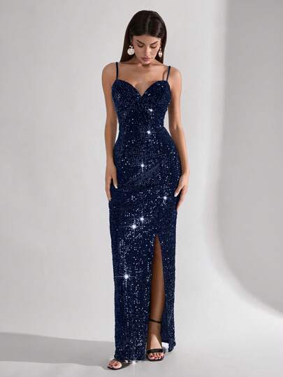 SHEIN Tall Damer med djupt delat lår med paljettrör lång Bodycon-klänning