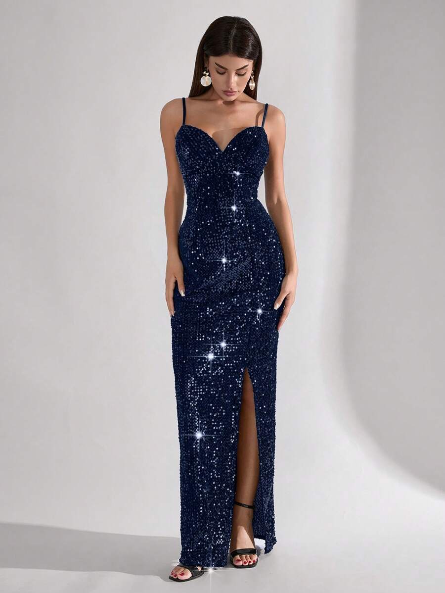 SHEIN Tall Women's Deep Split Thigh Sequin Tube Long Bodycon Dress - Blue - View 1