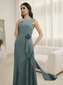 Modelyn 女式长款无袖褶皱花朵优雅连衣裙，春夏 - 薄荷綠 - 查看 3