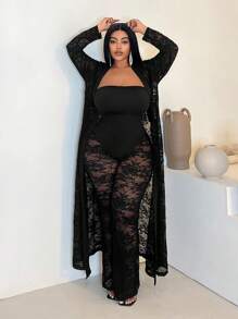 Maweii 2pcs Plus Size Outfit - Bandeau Dress & Open Coat , Minimalist Casual Everyday Wear