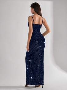 SHEIN Tall Women's Deep Split Thigh Sequin Tube Long Bodycon Dress - Blue - View 2