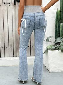 SHEIN 孕妇弹力腰牛仔喇叭裤，蓝色蝴蝶结设计，适合派对、节日、约会、情人节、下午茶 - 藍色 - 查看 4