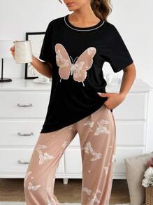 RueChic Women Cotton 2 Pcs Contrast Colour Piping&Butterfly Embroidery Detail Shirt And Contrast Colour Butterfly Pattern Sleep Bottom Homewear PJ Set - Black - View 5