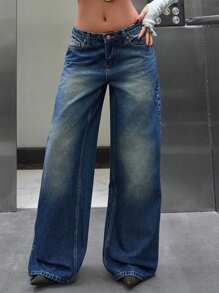 EURMUSE Low Waist Accessory Detailed Wideleg Jean - Medium Wash - View 3