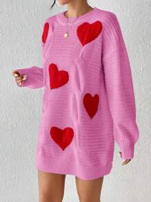 Chiquease 女士心形图案落肩长袖针织连衣裙，秋冬 - 玫紅色 - 查看 3