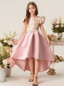 Tween Girl Textured Fabric Ruffle Asymmetric Hem A-Line Dress, Flower Girl Wedding Bridesmaid Birthday Party Prom - Pink - View 3