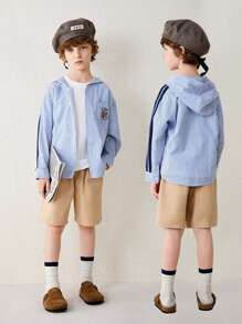 SHEIN Casuvi Kids 2pcs Boys Casual School Blue & White Striped Hoodie Shirt Matching Khaki Shorts Set, Suitable For Spring/Summer School, Playtime And Daily Wear - Multicolor - View 6