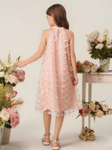 Tween 女童圆领无袖连衣裙，采用蝴蝶结设计，蝴蝶纹理面料，优雅，适合派对、婚礼、伴娘 - 粉色 - 查看 2