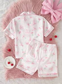 2pcs/Set Tween Girls Cherry & Bow Print Lapel Collar Top With Shorts, Leisure Comfortable Pajamas,Summer,Travel