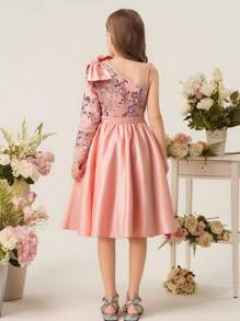 Flower Tween Girls Sequin Patchwork Satin One Shoulder Bowknot A-Line Short Dress, Wedding Bridesmaid Pageant Birthday Party - Pink - View 2