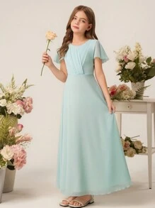 Vestido largo de gasa con mangas con volantes para niña preadolescente dama de honor, para boda, ceremonia, fiesta de cumpleaños