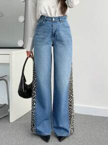 RueChic HIGH WAIST LEOPARD SIDE DETAILED WIDE LEG JEAN - Medium Wash - View 3