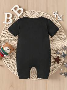 SHEIN Newborn Baby Boys' Jumpsuit, Spring/Summer New Style Round Neck Jumpsuit, Black, Stylish, Cute And Casual, Loose And Comfortable, Sports Style, Funny Printed Pattern, Glow-In-The-Dark Graphic, "My First Eid Mubarak", Matching Family Set, Matching Siblings Set - Black - View 2