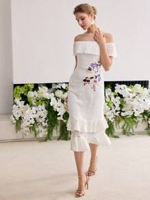 MOTF PREMIUM ELEGANT LACE FLORAL EMBROIDERED RUFFLE HEM OFF SHOULDER DRESS - White - View 7