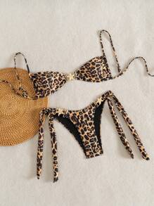 SHEIN Swim Women's Standard Size Leopard Print Golden Decorated Beach Holiday 2Pcs Bikini Set, For Summer Vacation - Multicolor - View 1