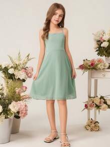 Vestido Slip Elegante e Minimalista para Meninas, Cintura Alta, Sem Mangas, Comprimento Médio, em Chiffon Verde Menta, Vestido de Verão Leve - Verde - Visão 8