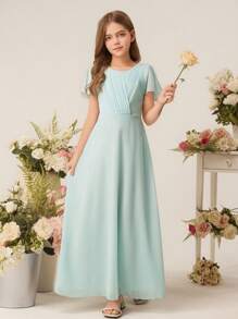 Vestido largo de gasa con mangas con volantes para niña preadolescente dama de honor, para boda, ceremonia, fiesta de cumpleaños