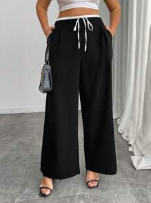 SHEIN Unity Pantalones rectos holgados con bolsillo, lazo en la cintura y bloqueo de color de satén blanco para uso casual y de oficina, talla grande, primavera/verano - Blanco y Negro - Ver 5