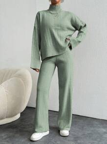 EURMUSE 2pcs Women Knitted Set, Solid Color Top And Long Pants - Mint Green - View 4