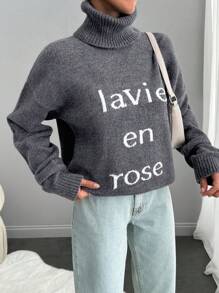 EURMUSE Women Casual Daily Letter Pattern Loose Drop Shoulder Turtle Neck Sweater, Autumn & Winter - Grey - View 7