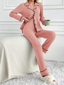 EURMUSE 100% 纯棉女士绑带细节家居睡衣套装 - 粉色 - 查看 3